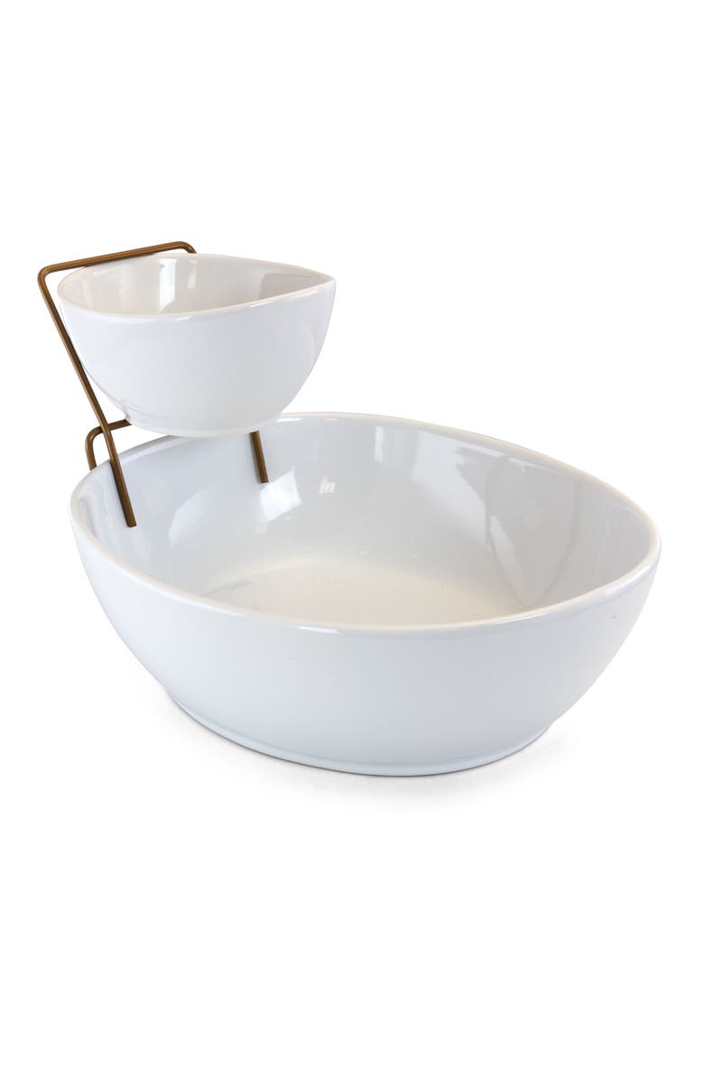 Gibson Elite Gracious Dining 2 Tier Chip and Dip Server Set with Metal Rack, Main, color, White