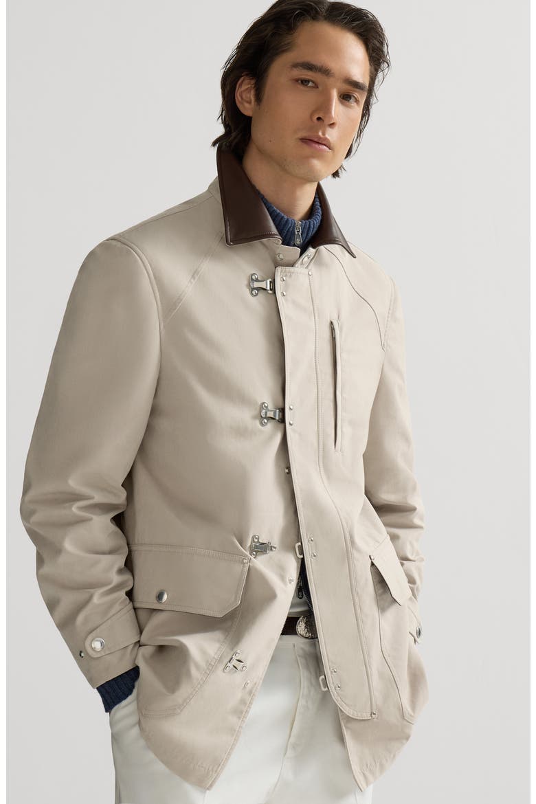 Water-resistant microfiber outerwear jacket with hook fastening and nappa leather inserts, Alternate, color, Beige