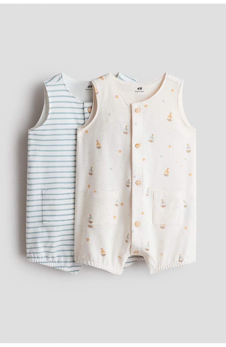 H&M 2-pack Cotton Romper Suits, Main, color, Light Beige/Sailboats