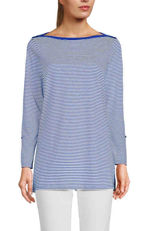 Lands' End Supima Cotton Adjustable 3/4 Sleeve Boatneck Tunic In Cobalt/ivory Micro Stripe