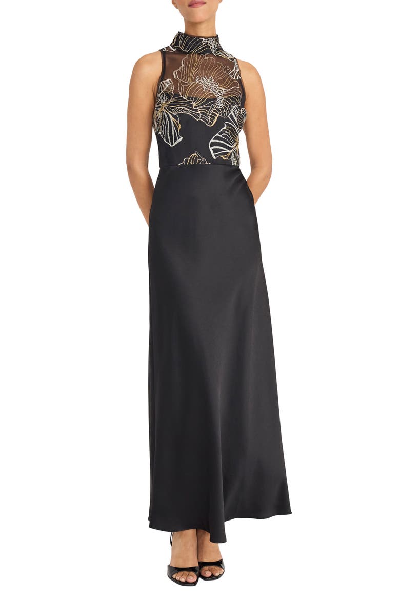 Metallic Embroidery Mixed Media Gown, Main, color, BLACK/ CHAMPAGNE
