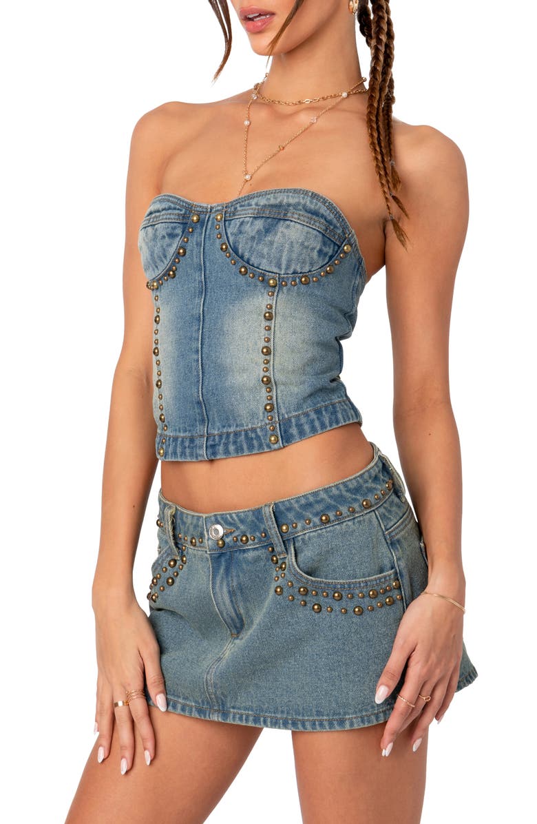 EDIKTED Studded Denim Lace-Up Corset Crop Top, Alternate, color, 