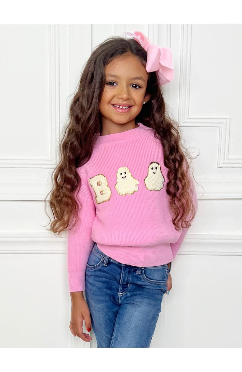 Mia Belle Girls Boo Ghost Halloween Sweater, Alternate, color, Pink