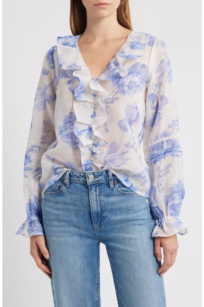 Floral Print Ruffle Top, Main, color, WHITE