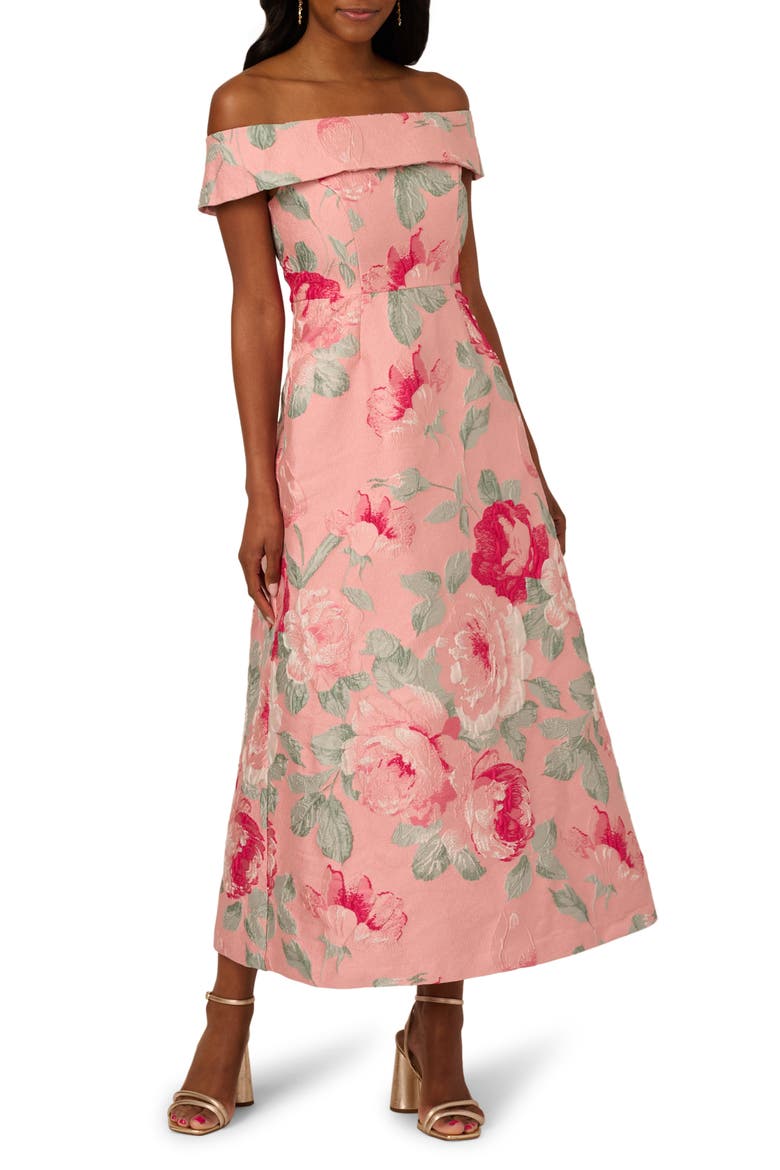Floral Jacquard Off the Shoulder A-Line Dress, Main, color, PINK MULTI