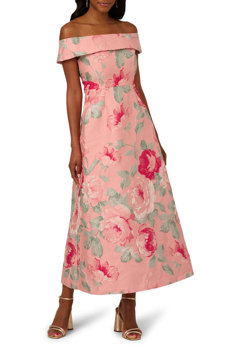Adrianna Papell Floral Jacquard Off the Shoulder A-Line Dress, Main, color,