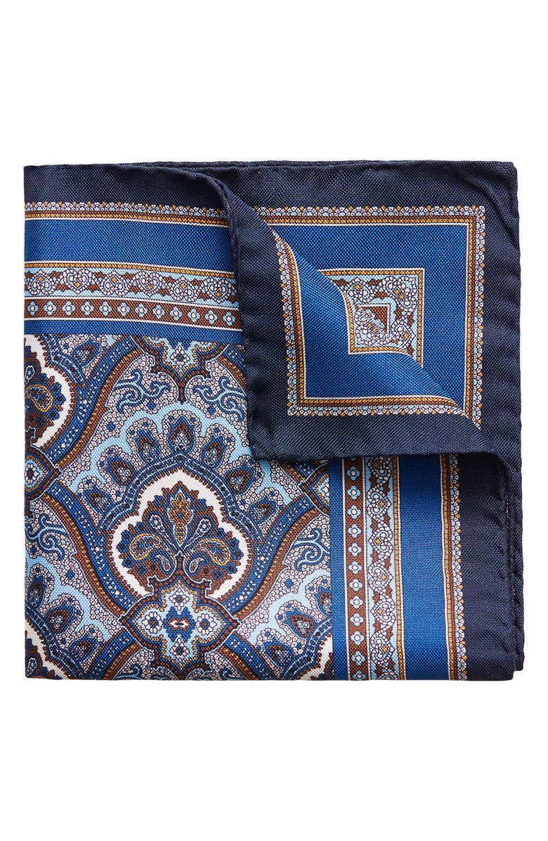 Eton Paisley Silk Pocket Square, Main, color, Navy