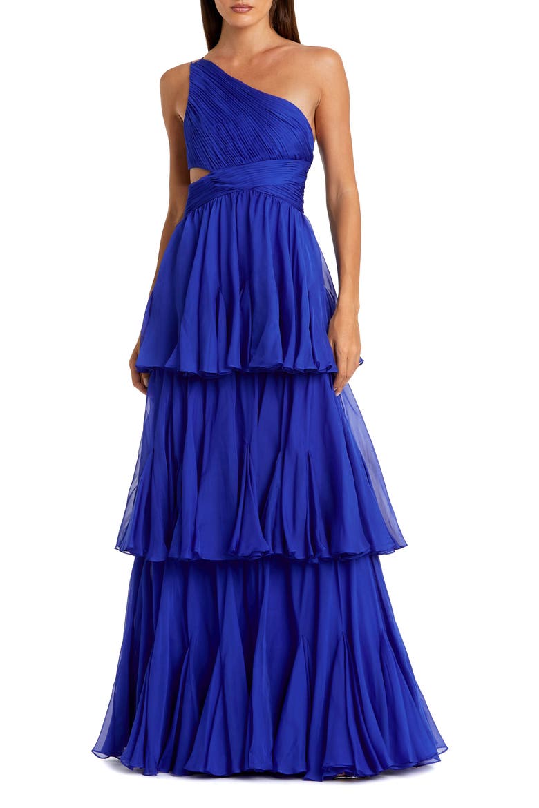 One Shoulder Tiered Chiffon Gown, Main, color, Cobalt