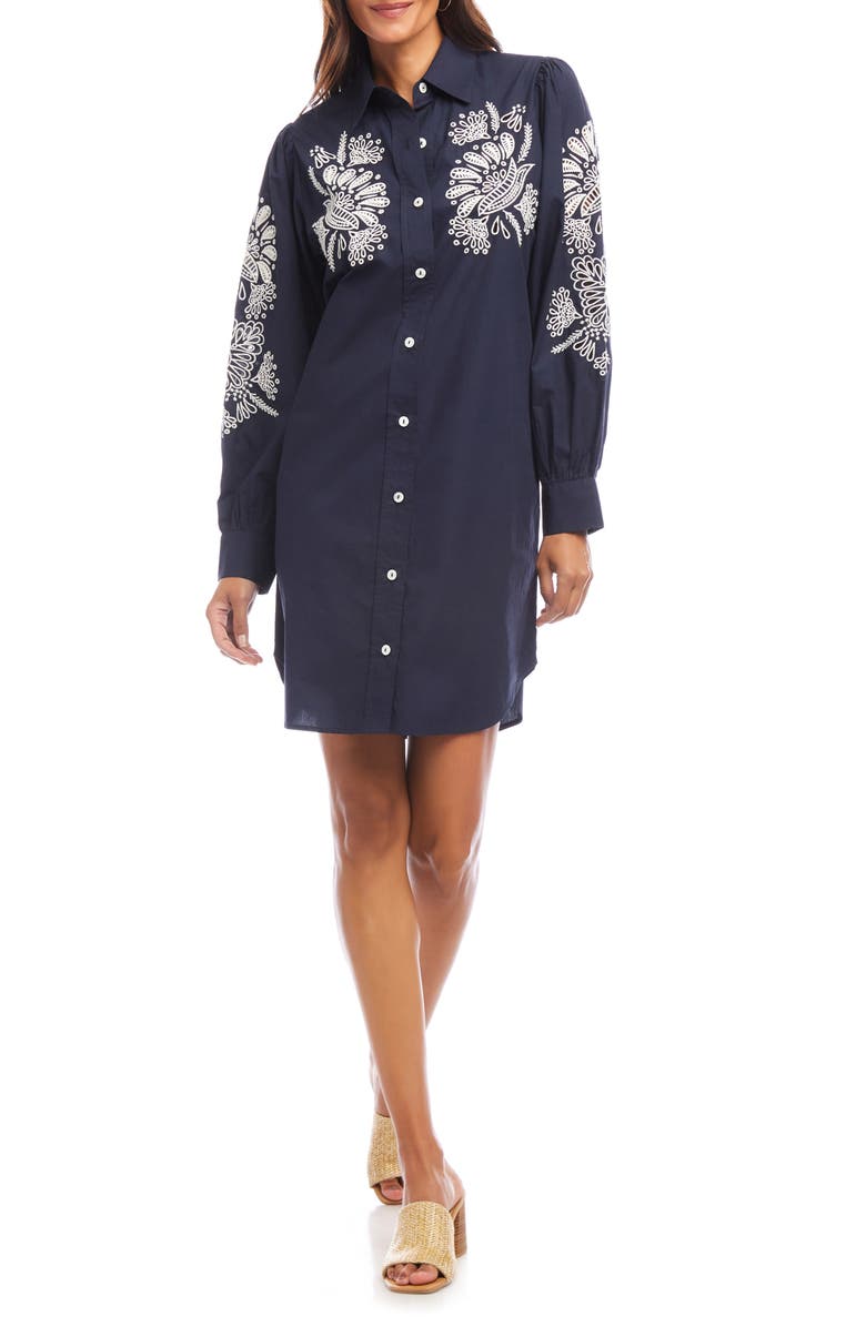 Karen Kane Floral Embroidery Long Sleeve Cotton Shirtdress, Main, color, Navy