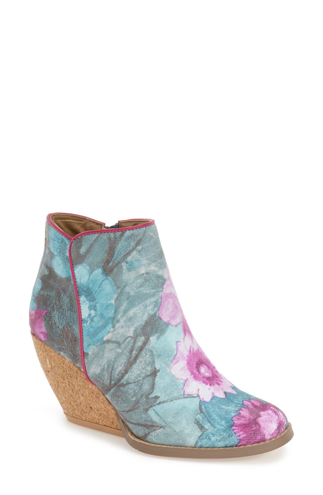 'Tea Party' Floral Print Wedge Bootie, Main, color, BLUE/ MULTI LEATHER