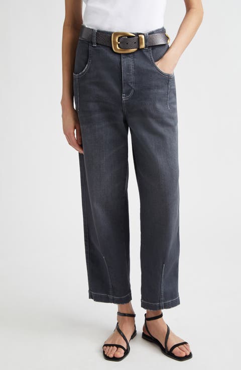 Pintuck Stretch Denim Wide Leg Pants