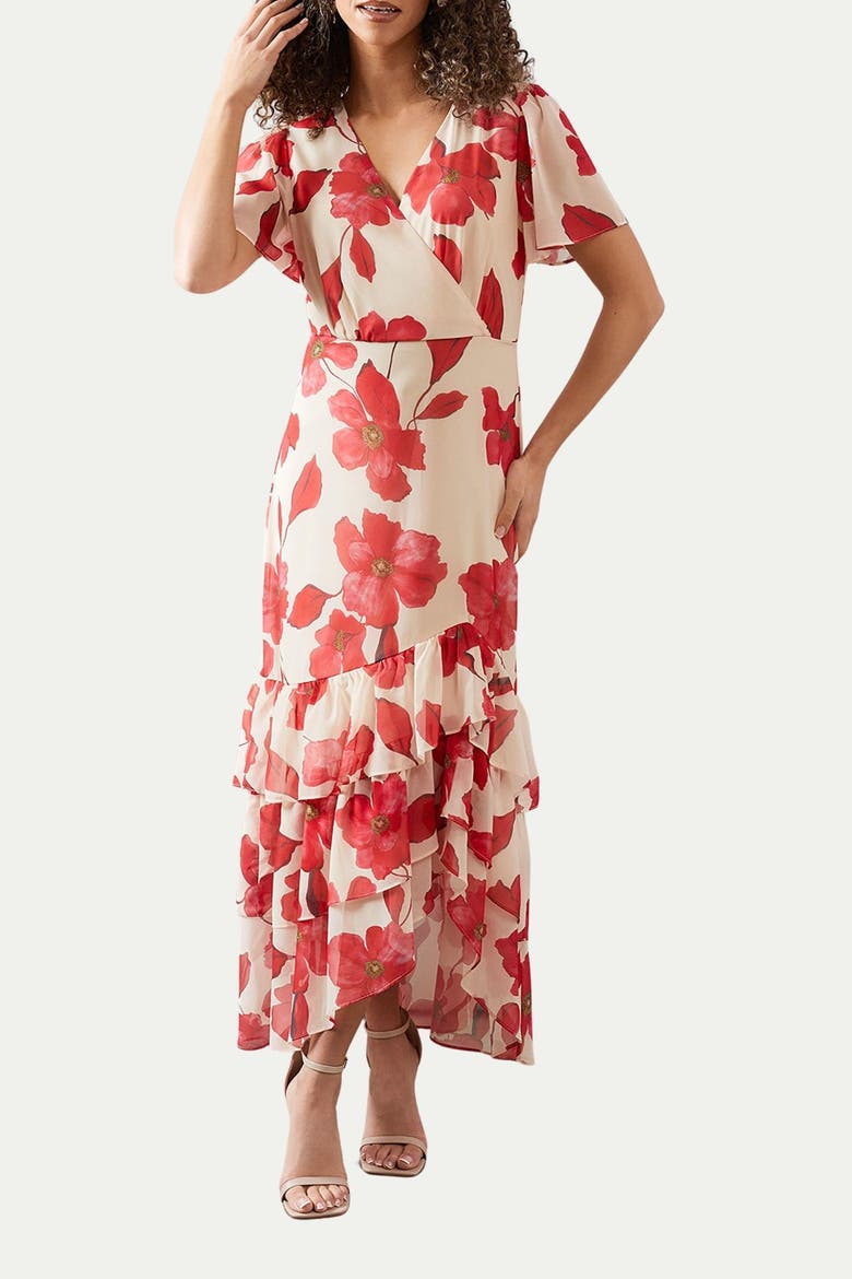 Floral Frill Hem Chiffon Maxi Dress, Alternate, color, Red
