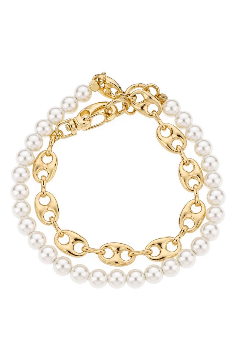 Ettika Imitation Pearl & Mariner Link Wrap Bracelet, Main, color, Gold