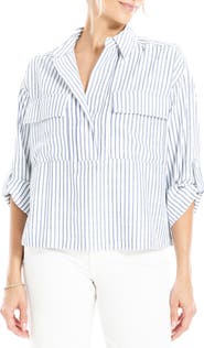 MAX STUDIO Grid Print Roll Sleeve Popover Shirt