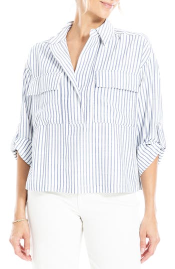 Max Studio Grid Print Roll Sleeve Popover Shirt In White