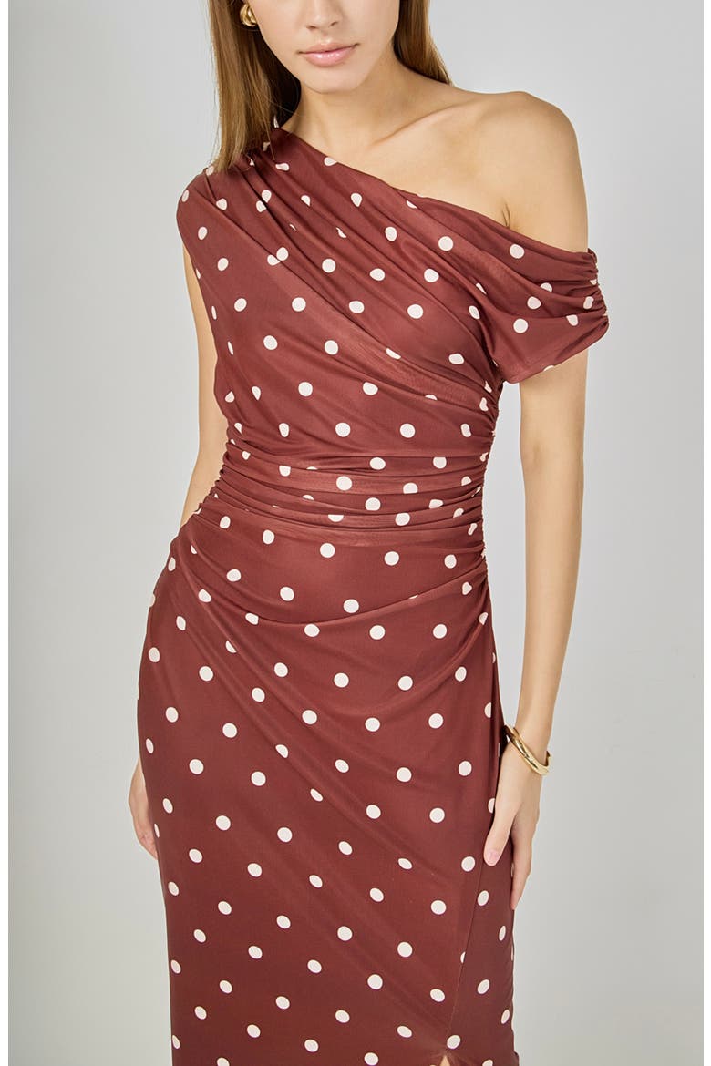 Dot Ruched One-Shoulder Mesh Maxi Dress, Alternate, color, BROWN/ IVORY