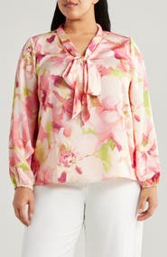 Tahari ASL Floral Bow Neck Charmeuse Top