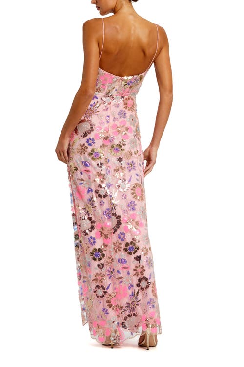 Mac Duggal Hand-embellished Spaghetti Strap Bustier Applique Gown With Thigh-high Slit In Pink Multi