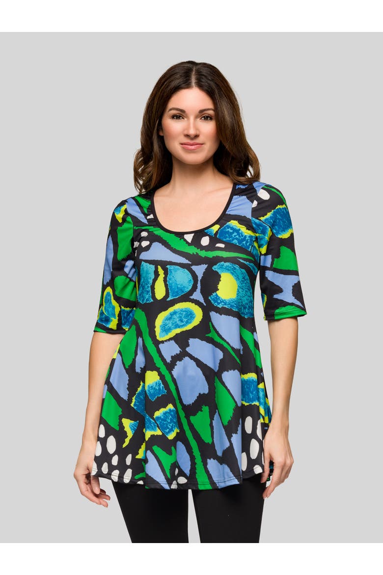 Blue Butterfly Print Elbow Sleeve Casual Tunic Top, Main, color, Green Multi