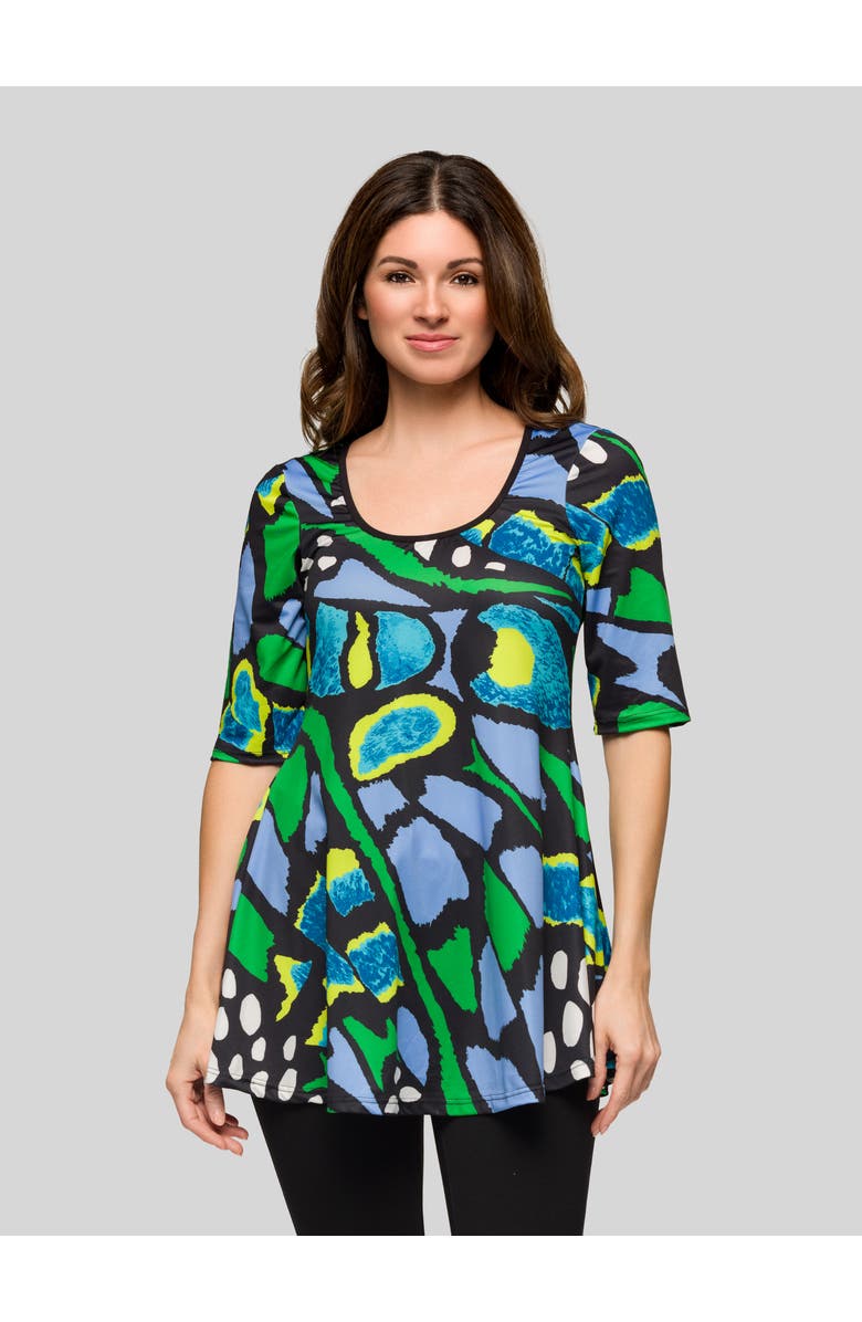 24seven Comfort Apparel Blue Butterfly Print Elbow Sleeve Casual Tunic Top, Main, color, Green Multi