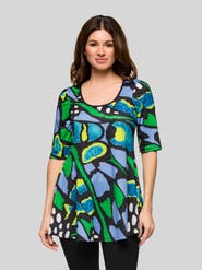 24seven Comfort Apparel Blue Butterfly Print Elbow Sleeve Casual Tunic Top