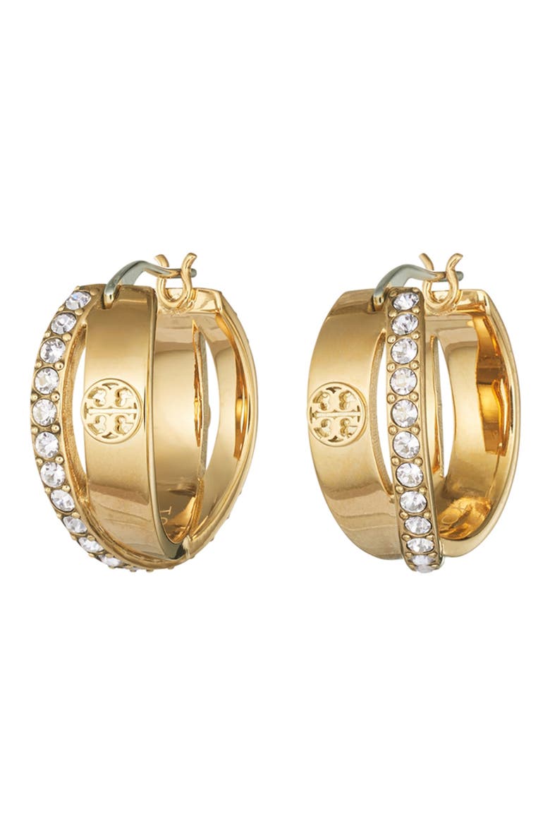 Icon Pavé Double Hoop Earrings, Main, color, TORY GOLD / CRYSTAL