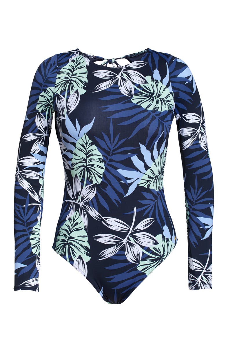 Open Back Long Sleeve One-Piece Swimsuit, Alternate, color, MOOD INDIGO SEASIDE TROPICS