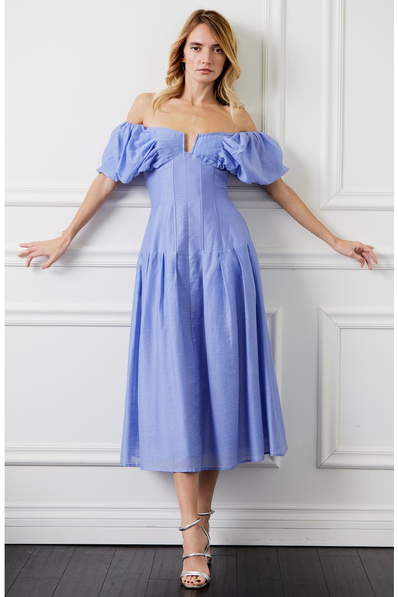 Lottie Puff Sleeve Off the Shoulder Dress, Alternate, color, MALIBU BLUE