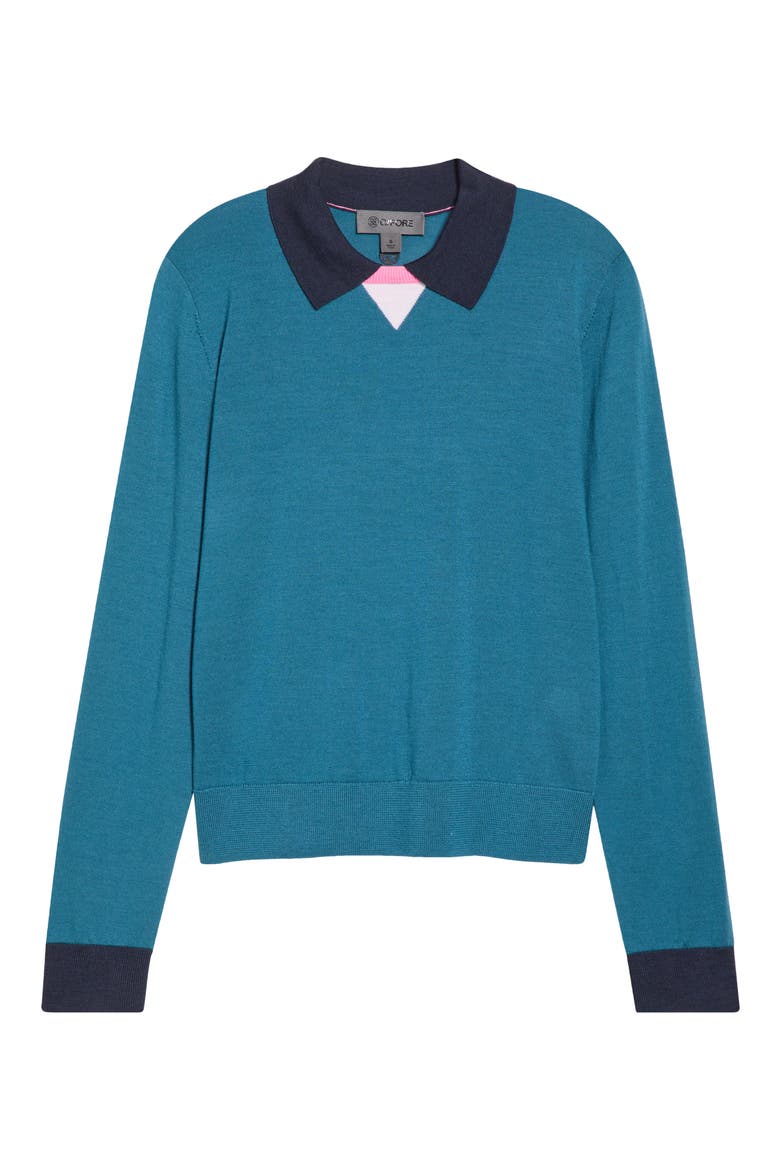 Colorblock Merino Wool Sweater Polo, Alternate, color, MARINE TEAL