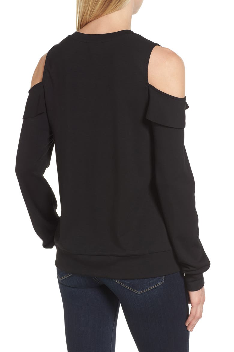 Ruffle Front Cold Shoulder Sweatshirt, Alternate, color, BLACK