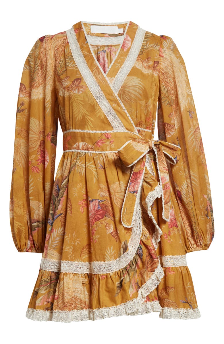Zimmermann Ascension Lace Trim Long Sleeve Wrap Dress, Alternate, color, Mustard Palm Floral