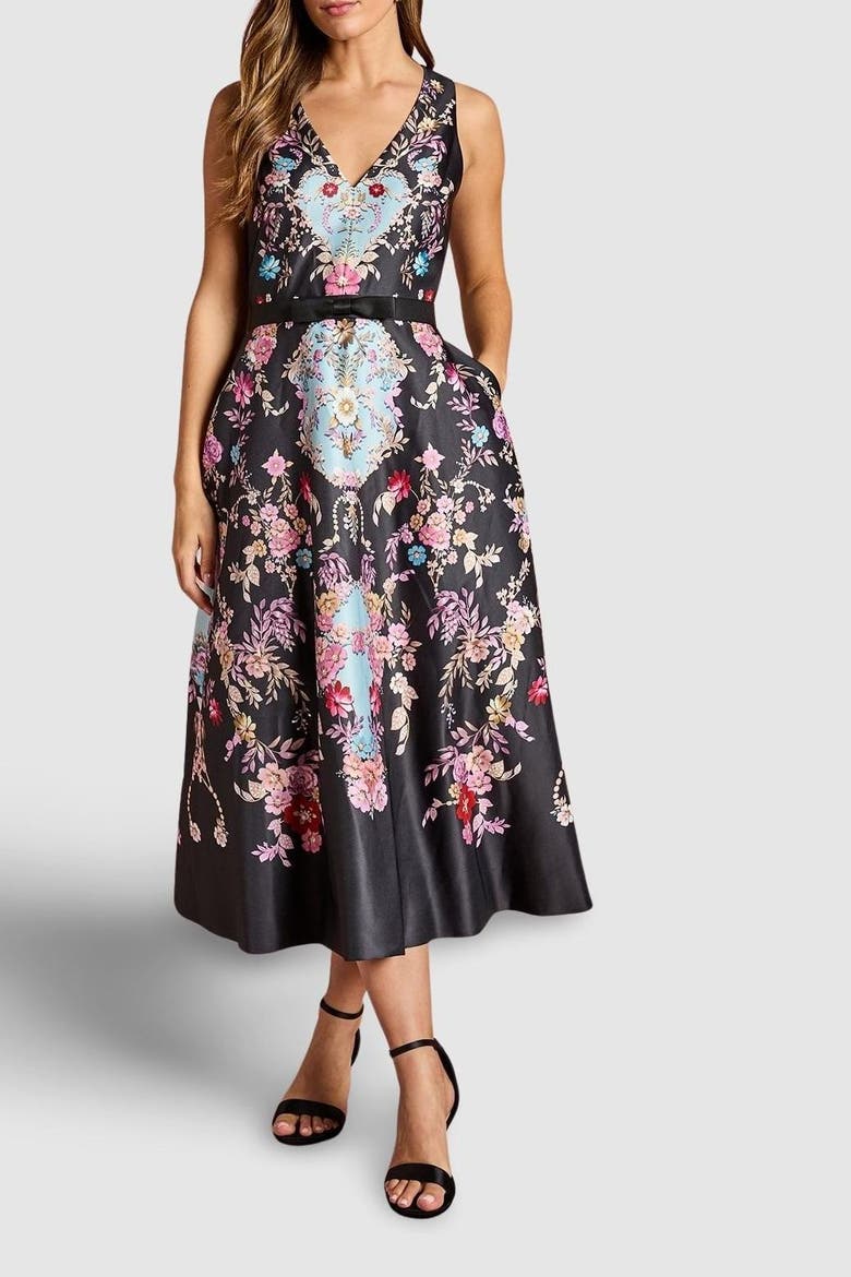 Placement Print V Neck Midi Dress, Alternate, color, Black