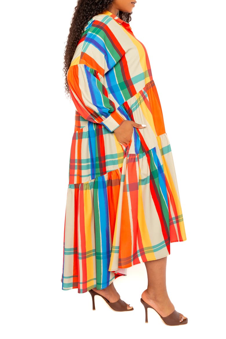 Plaid Long Sleeve Tiered Shirtdress, Alternate, color, RUST MULTI