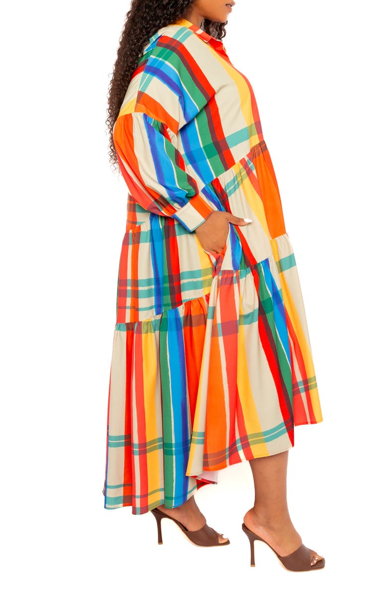 BUXOM COUTURE Plaid Long Sleeve Tiered Shirtdress, Alternate, color, Rust Multi