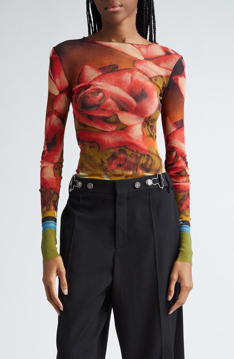 Jean Paul Gaultier Rose Print Long Sleeve Mesh Top, Main, color,