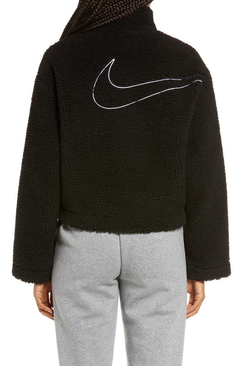 Swoosh Faux Fur Jacket, Alternate, color, BLACK/ WHITE