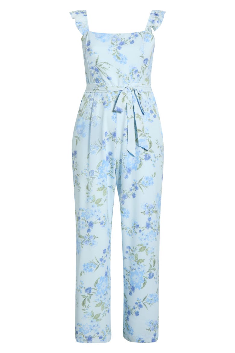 Dusty Floss Floral Flutter Sleeve Tie Belt Jumpsuit, Alternate, color, LIGHT-BLUE-MULTI