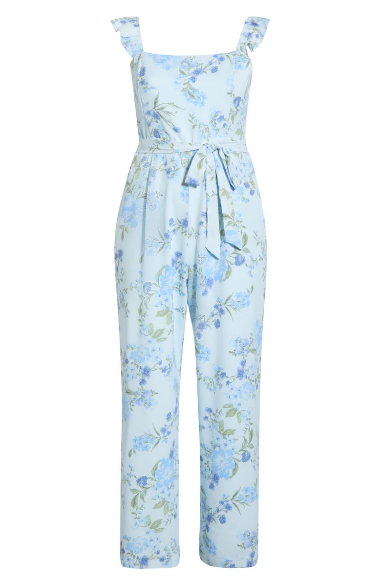 SUGARLIPS Dusty Floss Floral Flutter Sleeve Tie Belt Jumpsuit, Alternate, color, Light-Blue-Multi