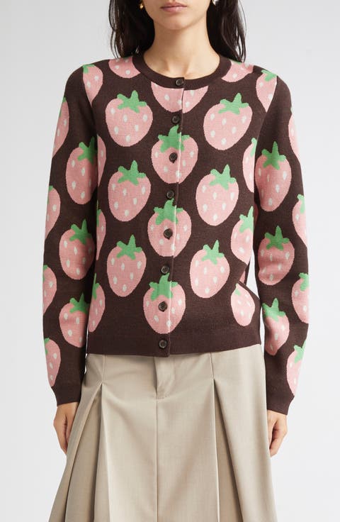 Eddie Strawberry Jacquard Merino Wool Cardigan