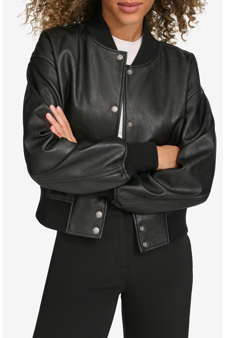 Relaxed Faux Leather Bomber Jacket, Alternate, color, BLACK