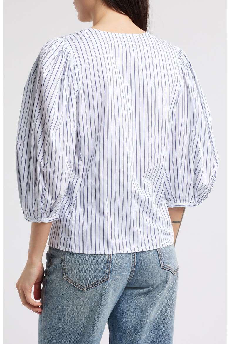 Puff-Sleeve Button-Up Top in Stripe, Alternate, color, DARK BLUE WHITE STRIPE