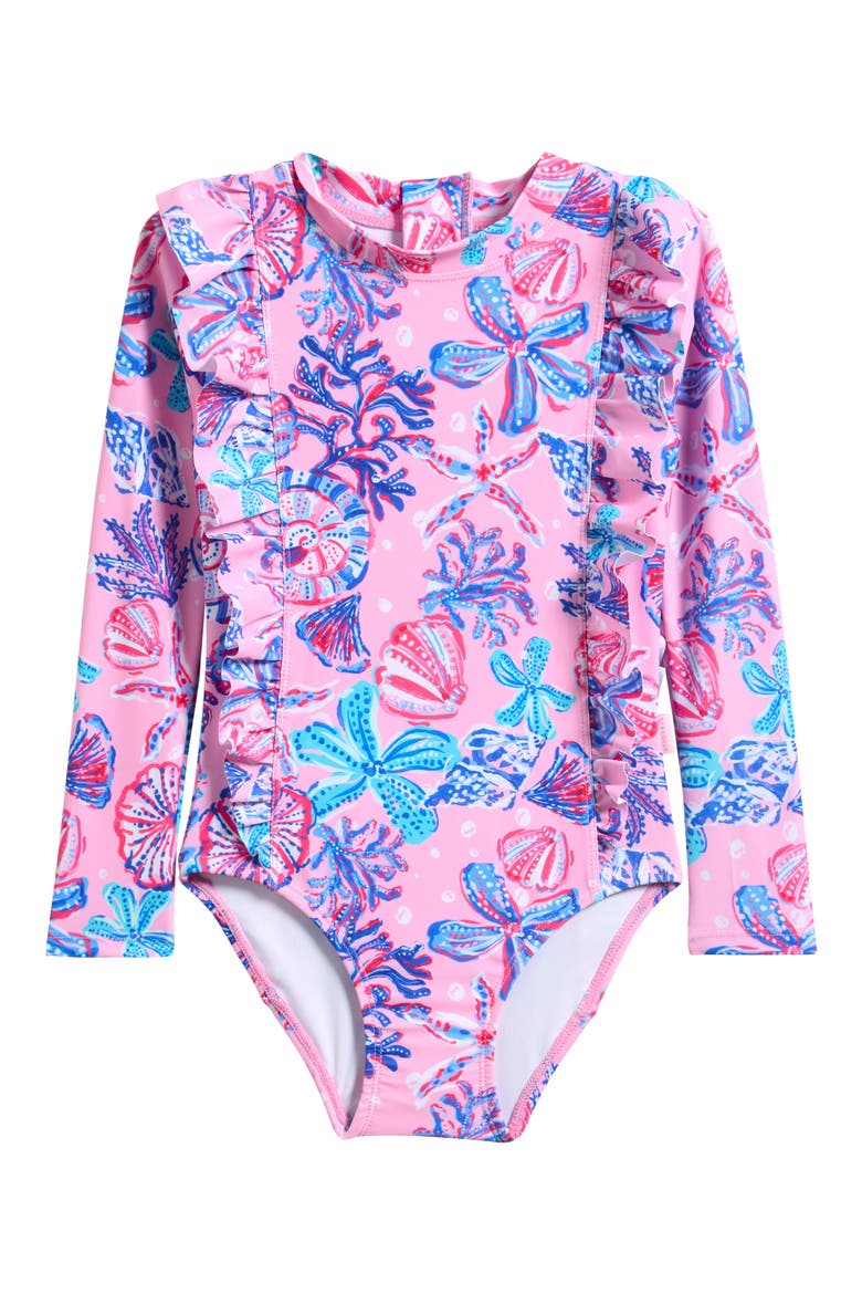 Kids' Coral Sea Long Sleeve UPF 50+ One-Piece Rashguard Swimsuit, Main, color, CORAL SEA