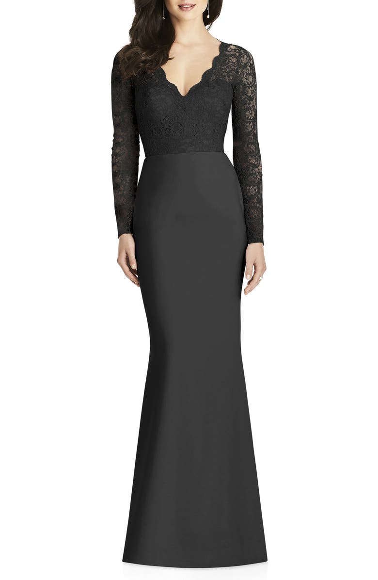 Dessy Collection Long Sleeve Lace & Crepe Trumpet Gown, Main, color,