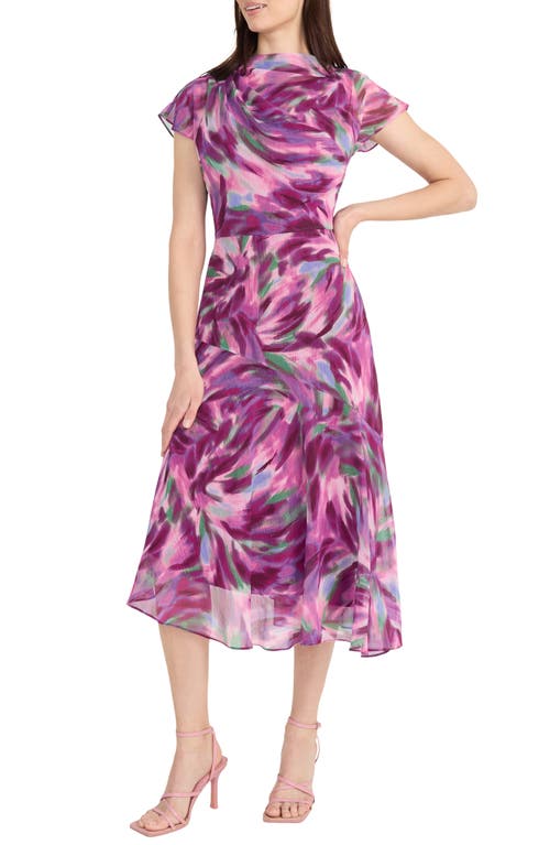 Maggy London Abstract Print Asymmetric Chiffon Midi Dress In Perri/purple