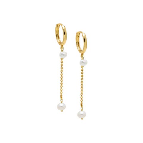 Double Pearl Drop Chain Huggie Earring