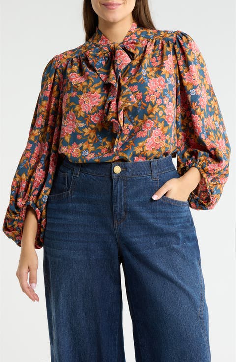 Floral Tie Neck Peasant Top (Plus)