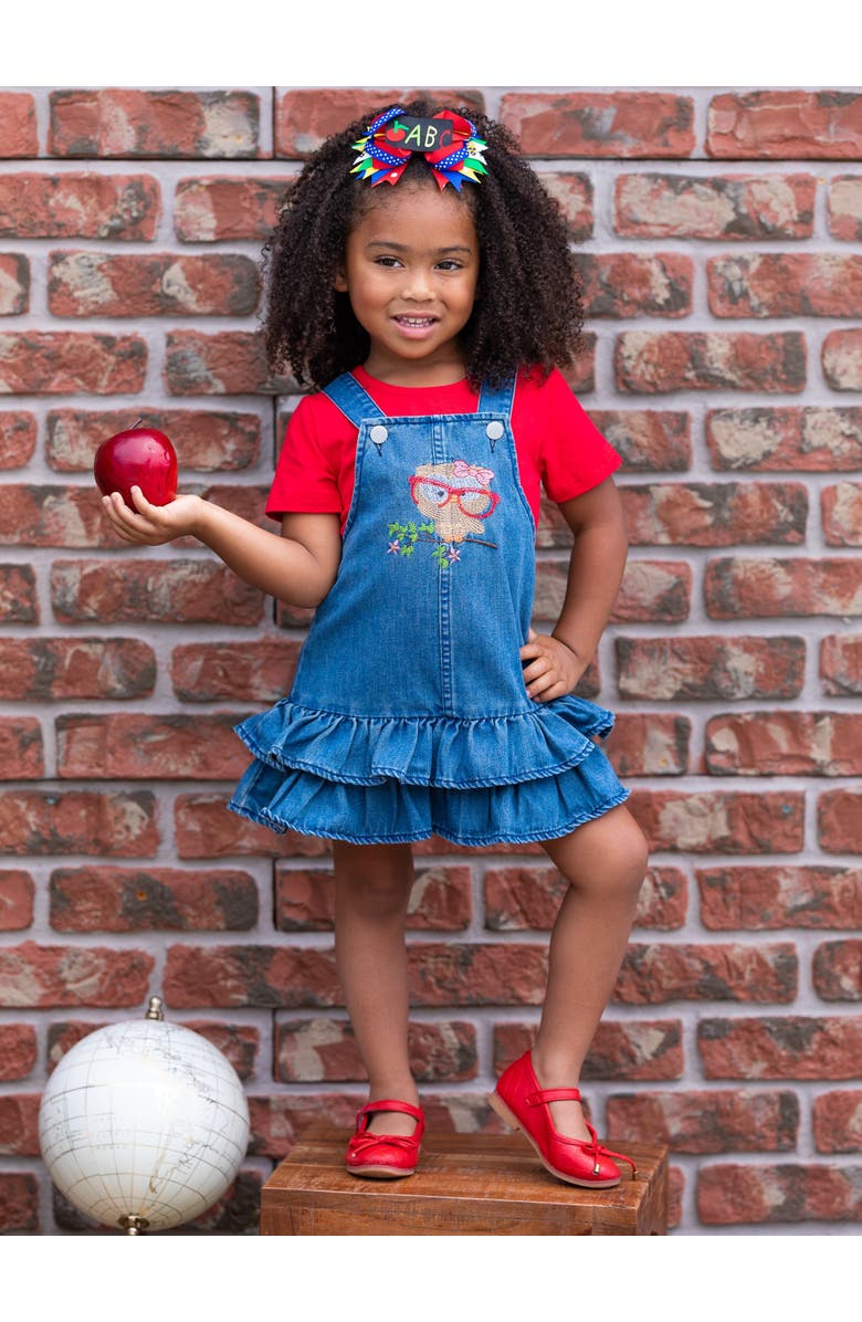 Mia Belle Girls Girls Owl Denim Overall Dress Set, Alternate, color, Red