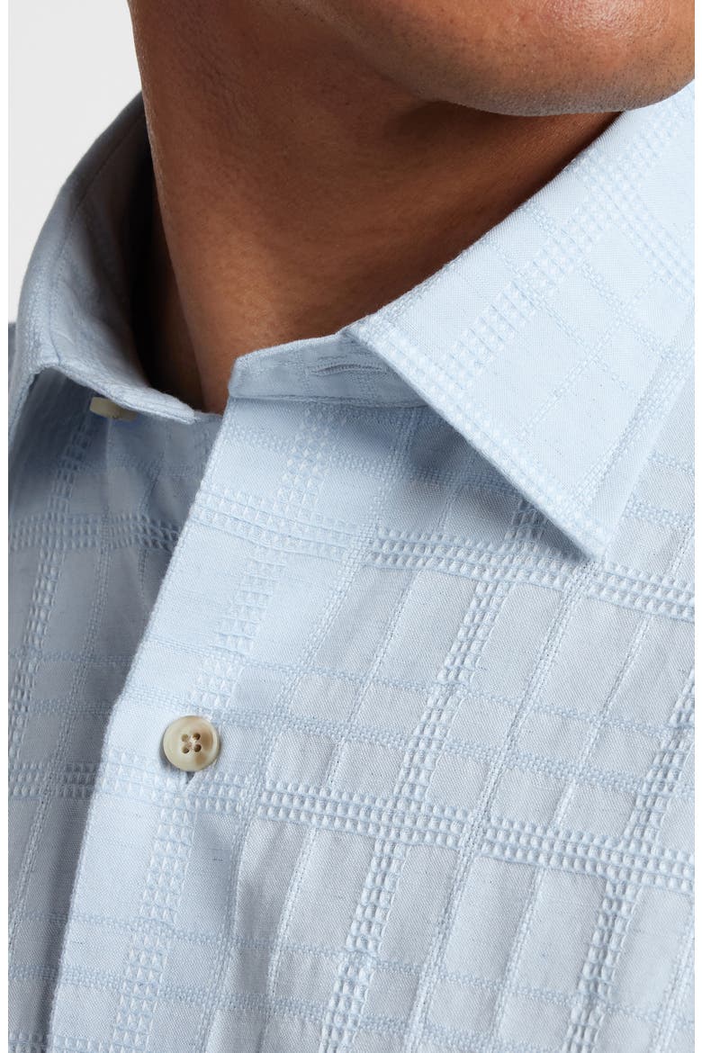 Geometric Embroidered Short Sleeve Cotton & Linen Button-Up Shirt, Alternate, color, SKY