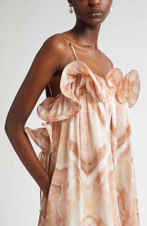 Zimmermann Illuminate Printed Ruffled Silk-satin Gown In Guava Agate