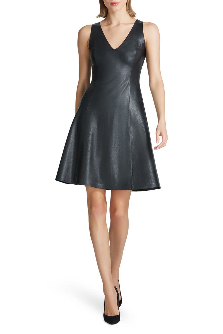 V-Neck Faux Leather A-Line Dress, Main, color, BLACK